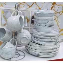 24-Piece Grey-And-White Marble Ceramic Dinner Set
