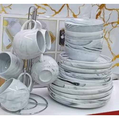 24-Piece Grey-And-White Marble Ceramic Dinner Set