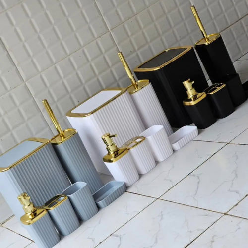 6 In Luxury Bathroom Accessories Set With Touch Of Gold and Silver(Rectangular)