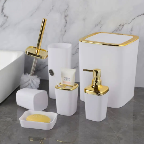 6 In Luxury Bathroom Accessories Set With Touch Of Gold and Silver(Rectangular)