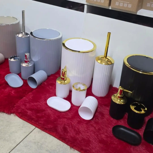 6 In 1 Luxury Bathroom Accessories Set With Touch Of Gold & Silver(Round) 6 In 1 Luxury Bathroom Accessories Set With Touch Of Gold & Silver(Round)