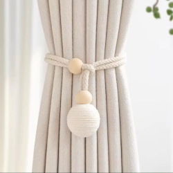 Curtain Tieback with Natural Wood Bead & Knotted Ball Curtain Tieback with Natural Wood Bead & Knotted Ball