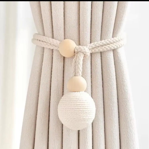 Curtain Tieback with Natural Wood Bead & Knotted Ball