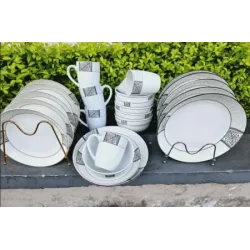 Elegant 24-piece White And Grey Patterned Opal Dinner Set