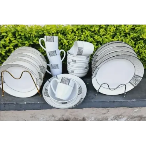 Elegant 24-piece White And Grey Patterned Opal Dinner Set Elegant 24-piece White And Grey Patterned Opal Dinner Set