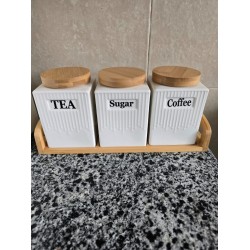 3pc Ceramic Canister Set with Bamboo Lids & Tray