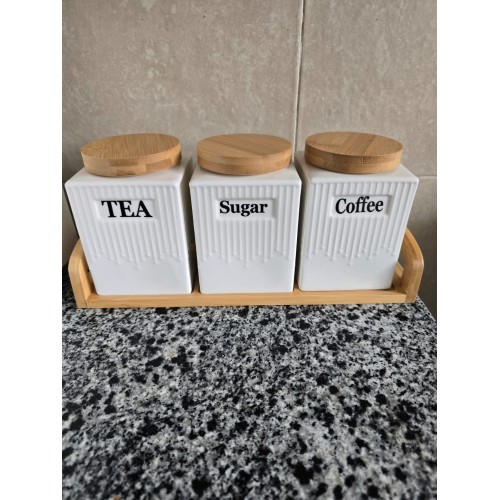 3pc Ceramic Canister Set with Bamboo Lids & Tray