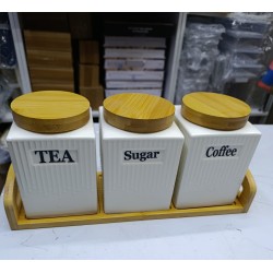3pc Ceramic Canister Set with Bamboo Lids & Tray