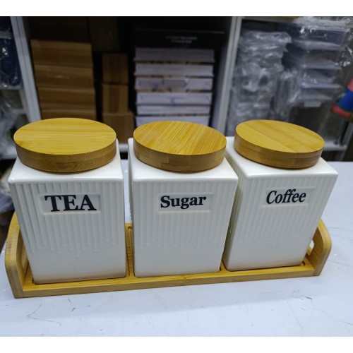 3pc Ceramic Canister Set with Bamboo Lids & Tray