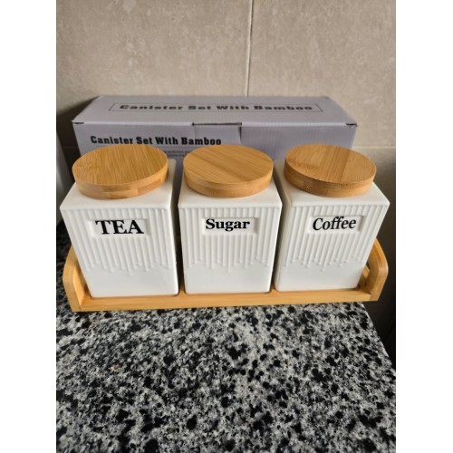 3pc Ceramic Canister Set with Bamboo Lids & Tray