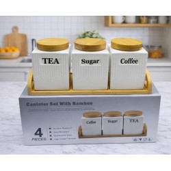 3pc Ceramic Canister Set with Bamboo Lids & Tray