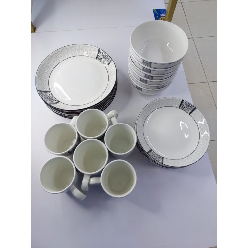 Elegant 24-piece White And Grey Patterned Opal Dinner Set
