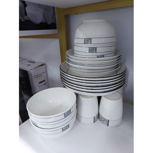 Elegant 24-piece White And Grey Patterned Opal Dinner Set