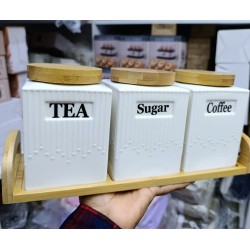 3pc Ceramic Canister Set with Bamboo Lids & Tray