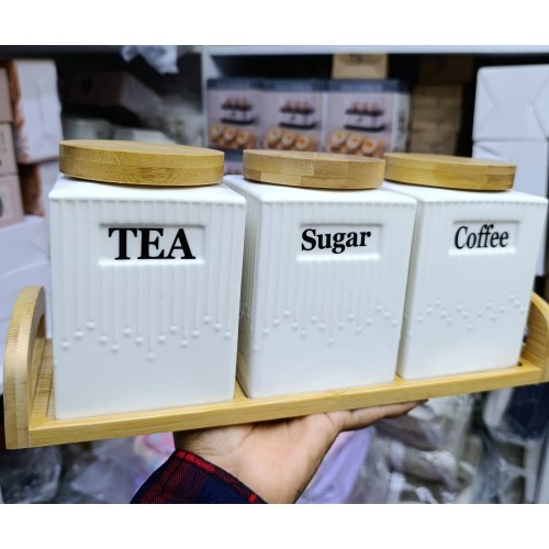 3pc Ceramic Canister Set with Bamboo Lids & Tray