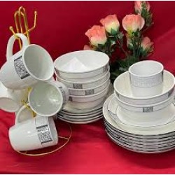 Elegant 24-piece White And Grey Patterned Opal Dinner Set