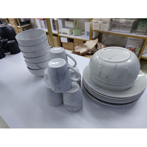 24-Piece Grey-And-White Marble Ceramic Dinner Set
