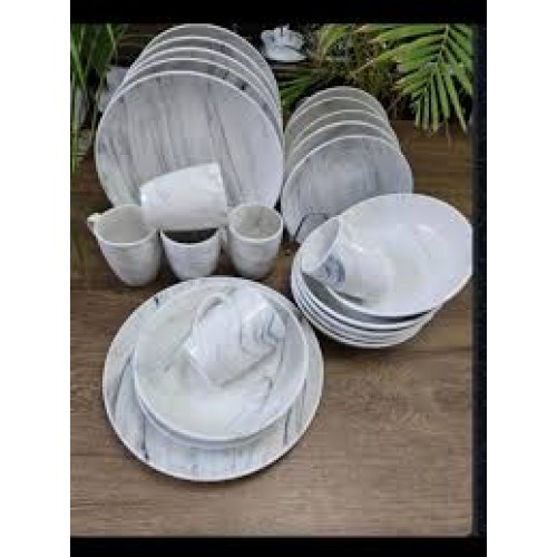 24-Piece Grey-And-White Marble Ceramic Dinner Set