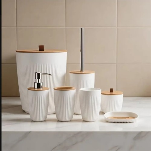 7 In 1 Bathroom Accessories Set with Wooden Top