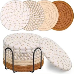Handmade Rattan Coasters with Metallic Holder – 8-Piece Braided Wicker Set