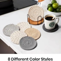 Handmade Rattan Coasters with Metallic Holder – 8-Piece Braided Wicker Set
