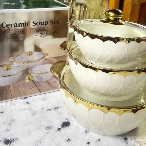 3-Piece Ceramic Serving Dishes with Glass Covers 3-Piece Ceramic Serving Dishes with Glass Covers