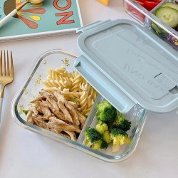 High Borosilicate Glass Partitioned Lunchbox – 1050ml Microwave-Safe Food Container with Dual Compartments