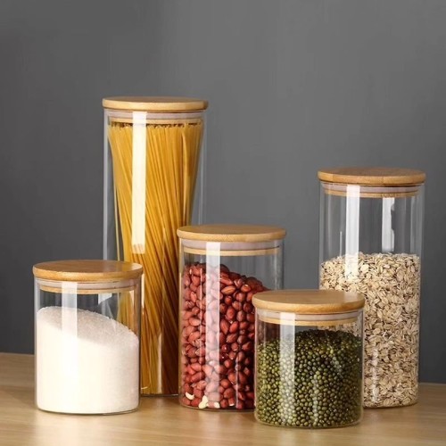 Round Bamboo Lid Glass Jars Set Round Bamboo Lid Glass Jars Set
