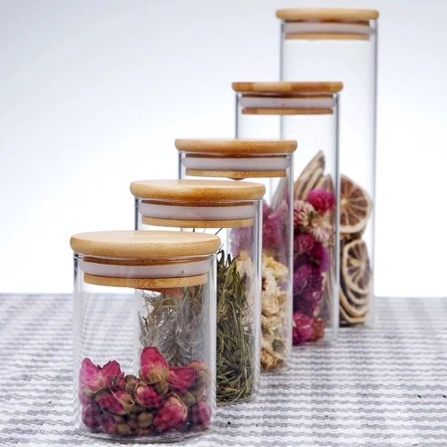 Round Bamboo Lid Glass Jars Set