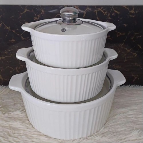 3-Piece Set Ceramic Casserole Serving Dishes with Glass Covers 3-Piece Set Ceramic Casserole Serving Dishes with Glass Covers