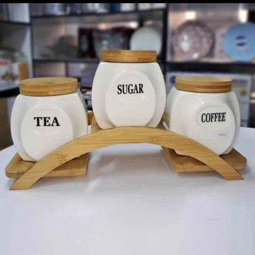 3-Piece Ceramic Canisters Set with Bamboo Stand