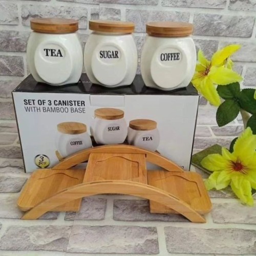 3-Piece Ceramic Canisters Set with Bamboo Stand 3-Piece Ceramic Canisters Set with Bamboo Stand