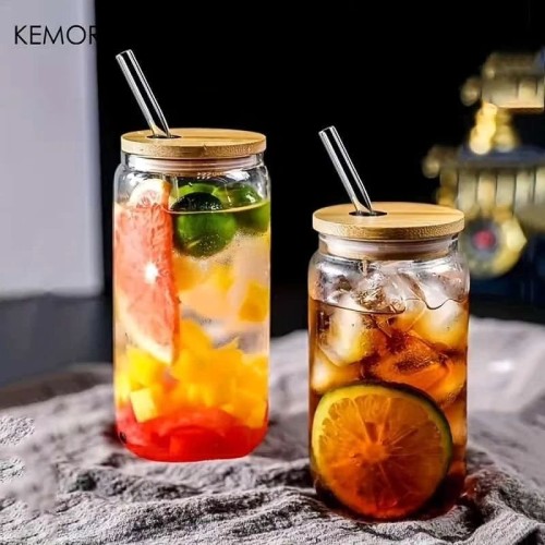 Round Transparent Borosilicate Drinking Glass Cup with Bamboo Lid Round Transparent Borosilicate Drinking Glass Cup with Bamboo Lid