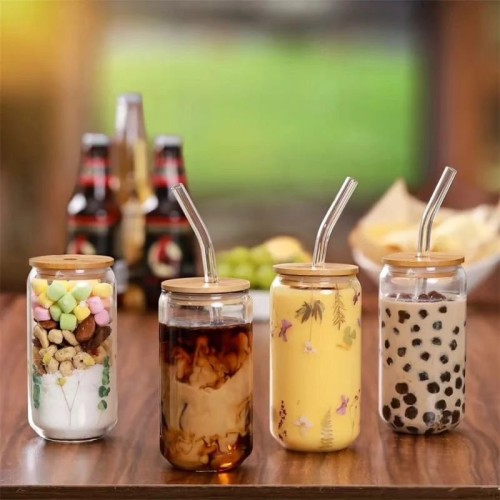 Round Transparent Borosilicate Drinking Glass Cup with Bamboo Lid Round Transparent Borosilicate Drinking Glass Cup with Bamboo Lid