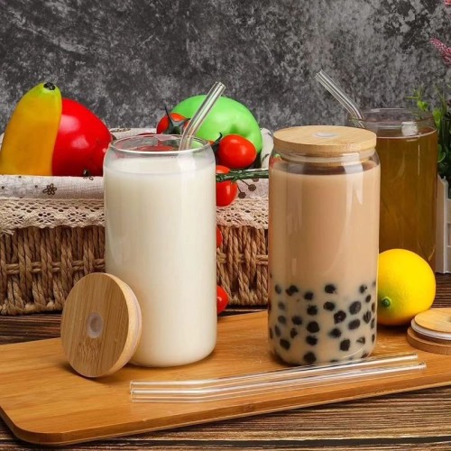 Round Transparent Borosilicate Drinking Glass Cup with Bamboo Lid Round Transparent Borosilicate Drinking Glass Cup with Bamboo Lid