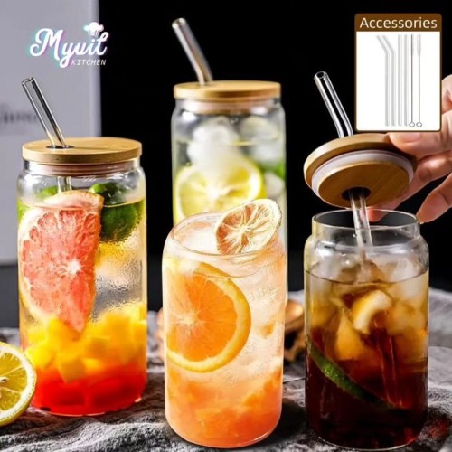Round Transparent Borosilicate Drinking Glass Cup with Bamboo Lid Round Transparent Borosilicate Drinking Glass Cup with Bamboo Lid