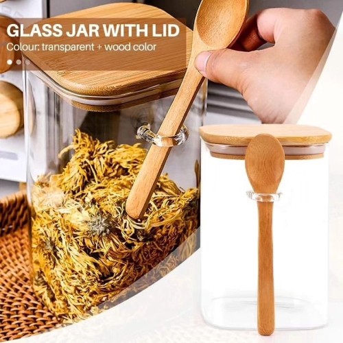 Glass Storage Jar with Spoon and Bamboo Lid Glass Storage Jar with Spoon and Bamboo Lid