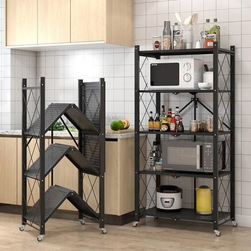 Foldable Kitchen Metallic Storage Rack with Wheels Foldable Kitchen Metallic Storage Rack with Wheels