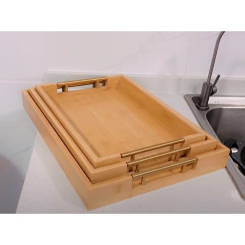 3-Piece Eco-Friendly Bamboo Serving Tray Set With Gold Handles
