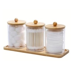 3-Piece Acrylic Swab Storage Organizer With Bamboo Holder 3-Piece Acrylic Swab Storage Organizer With Bamboo Holder