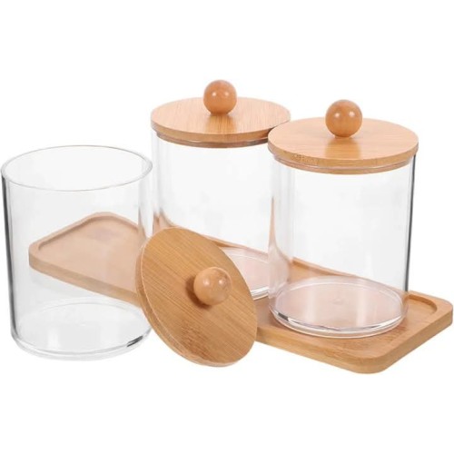 3-Piece Acrylic Swab Storage Organizer With Bamboo Holder 3-Piece Acrylic Swab Storage Organizer With Bamboo Holder