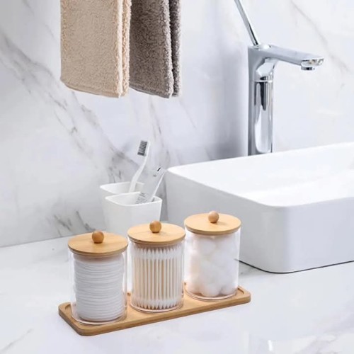 3-Piece Acrylic Swab Storage Organizer With Bamboo Holder 3-Piece Acrylic Swab Storage Organizer With Bamboo Holder