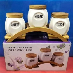 3Pcs Ceramic Canisters Set With Bamboo Stand 3Pcs Ceramic Canisters Set With Bamboo Stand
