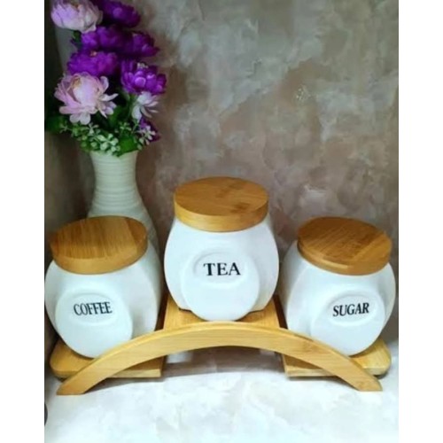 3Pcs Ceramic Canisters Set With Bamboo Stand