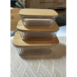3Pcs Ribbed Glass Food Storage Containers With Bamboo Lid