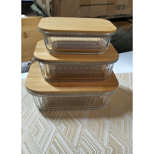 3Pcs Ribbed Glass Food Storage Containers With Bamboo Lid