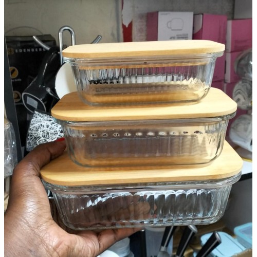 3Pcs Ribbed Glass Food Storage Containers With Bamboo Lid