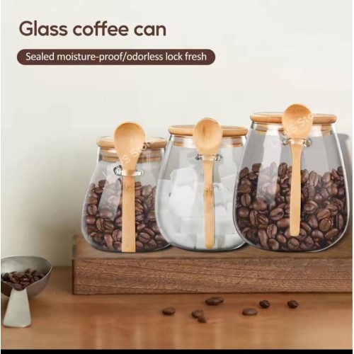Glass Storage Canisters With Bamboo Spoon And Airtight Lid