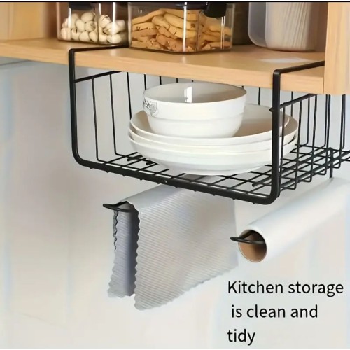 3 in 1 Under Cabinet Basket Rack Shelf Organizer – Black Kitchen & Closet Storage