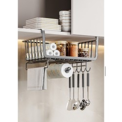 4 in 1 Metallic Under Shelf Rack with Hooks – Black Organizer for Kitchen & Closet